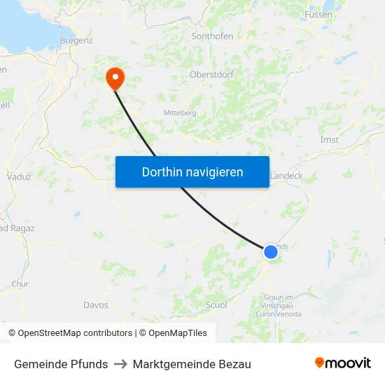 Gemeinde Pfunds to Marktgemeinde Bezau map