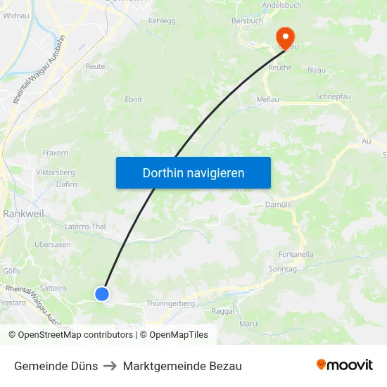 Gemeinde Düns to Marktgemeinde Bezau map