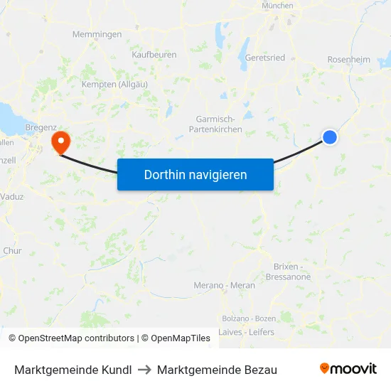 Marktgemeinde Kundl to Marktgemeinde Bezau map