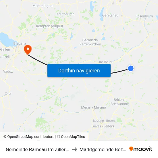 Gemeinde Ramsau Im Zillertal to Marktgemeinde Bezau map