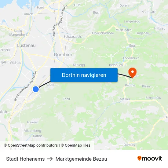 Stadt Hohenems to Marktgemeinde Bezau map