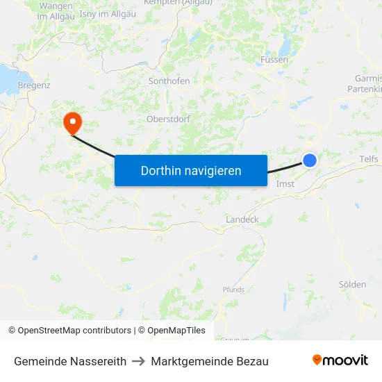 Gemeinde Nassereith to Marktgemeinde Bezau map