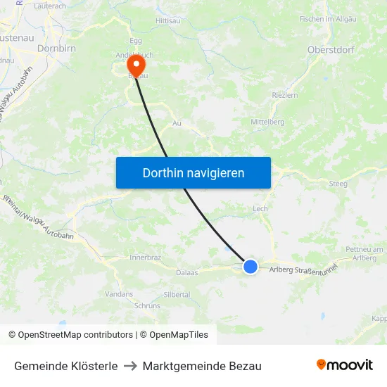 Gemeinde Klösterle to Marktgemeinde Bezau map