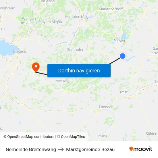 Gemeinde Breitenwang to Marktgemeinde Bezau map