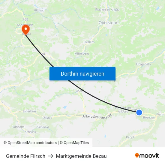 Gemeinde Flirsch to Marktgemeinde Bezau map