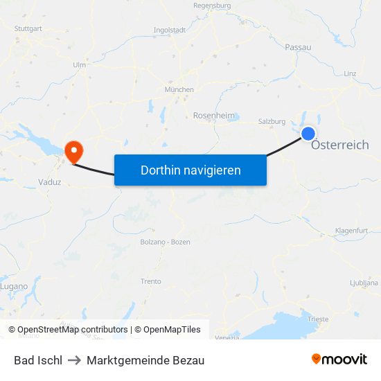 Bad Ischl to Marktgemeinde Bezau map