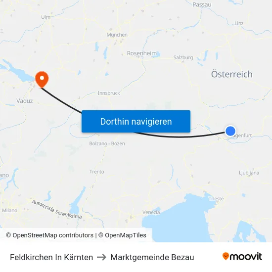 Feldkirchen In Kärnten to Marktgemeinde Bezau map
