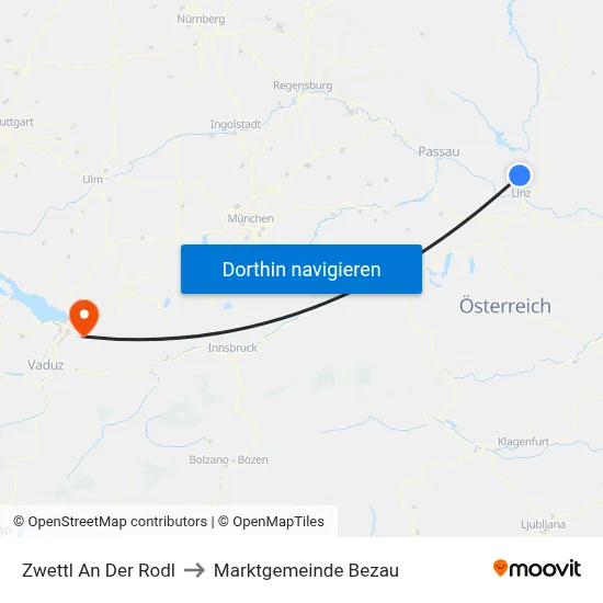 Zwettl An Der Rodl to Marktgemeinde Bezau map