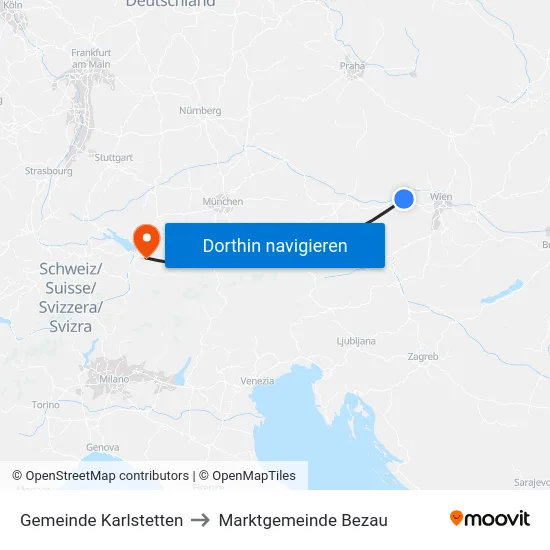 Gemeinde Karlstetten to Marktgemeinde Bezau map