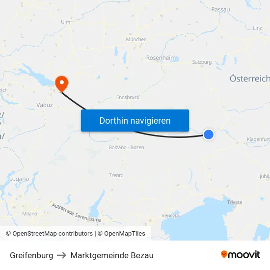 Greifenburg to Marktgemeinde Bezau map