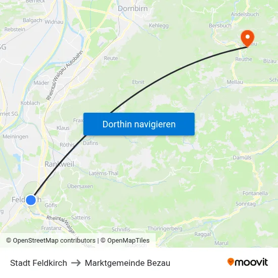 Stadt Feldkirch to Marktgemeinde Bezau map