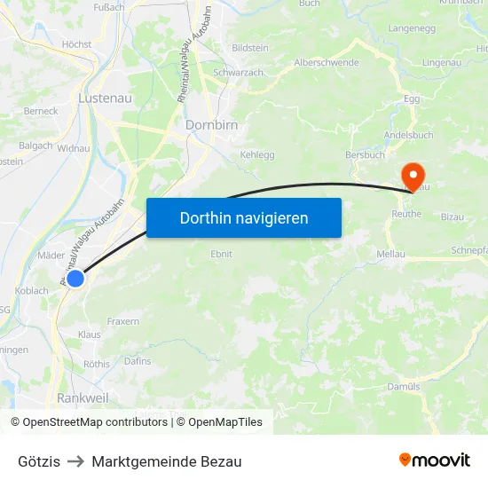 Götzis to Marktgemeinde Bezau map