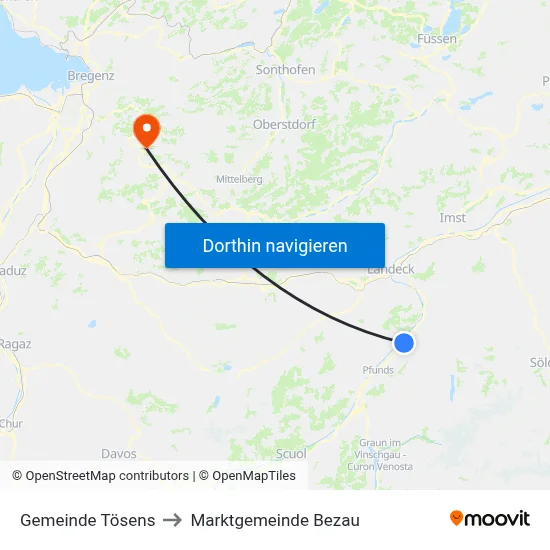 Gemeinde Tösens to Marktgemeinde Bezau map