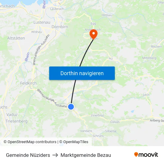 Gemeinde Nüziders to Marktgemeinde Bezau map
