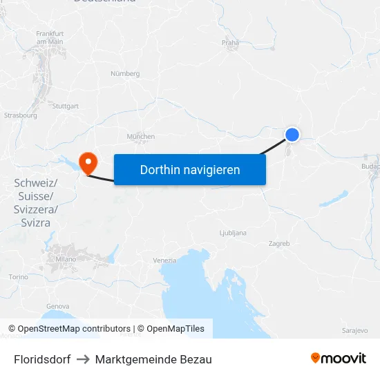 Floridsdorf to Marktgemeinde Bezau map