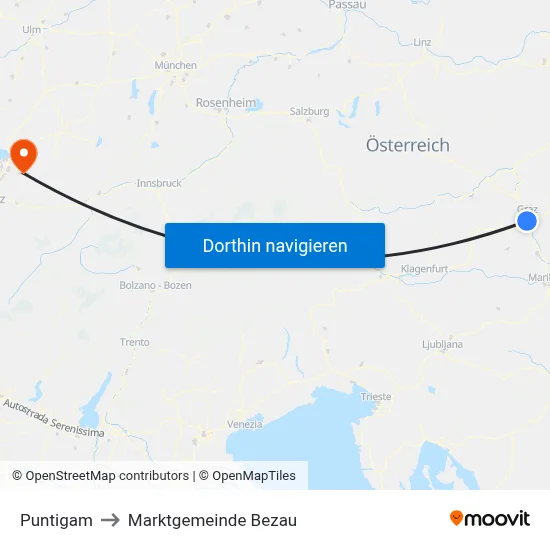 Puntigam to Marktgemeinde Bezau map