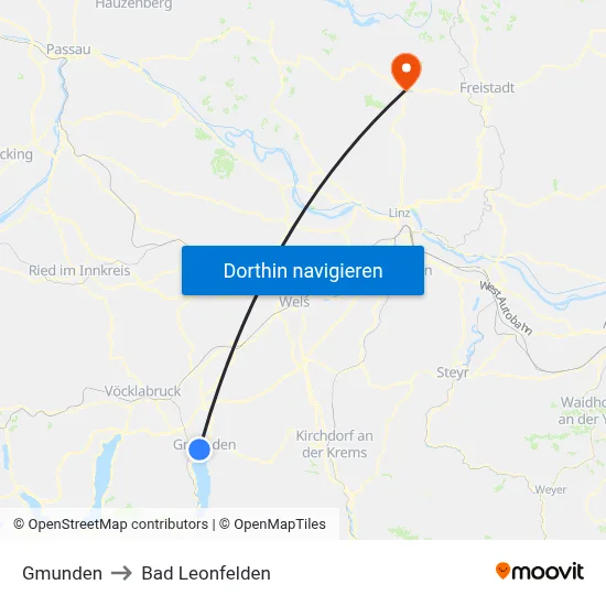 Gmunden to Bad Leonfelden map