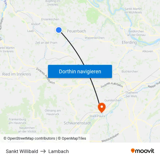 Sankt Willibald to Lambach map