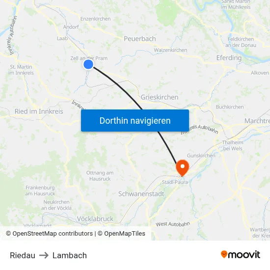 Riedau to Lambach map