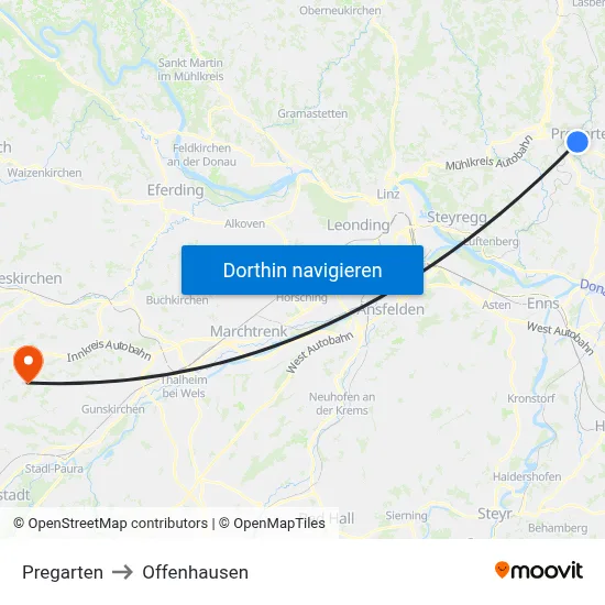 Pregarten to Offenhausen map