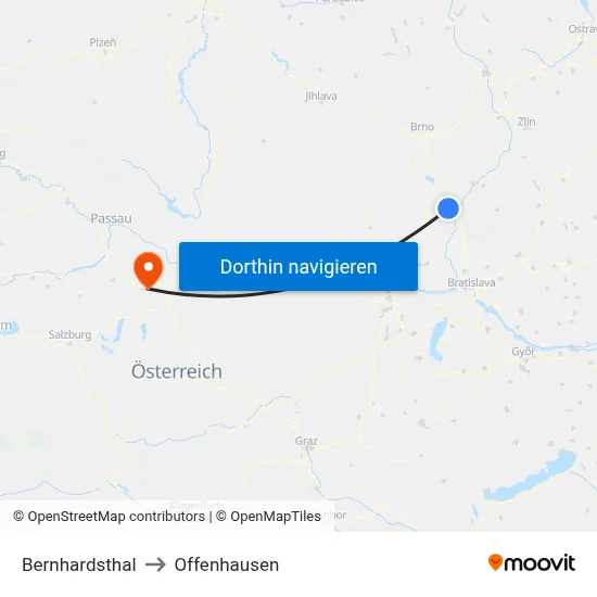 Bernhardsthal to Offenhausen map