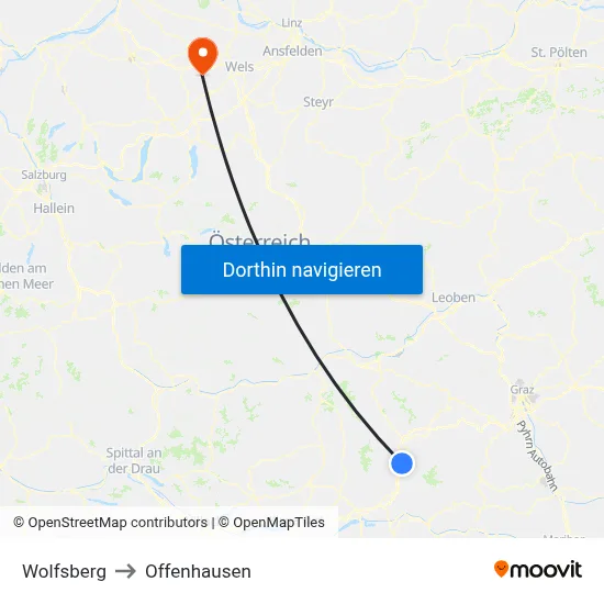 Wolfsberg to Offenhausen map