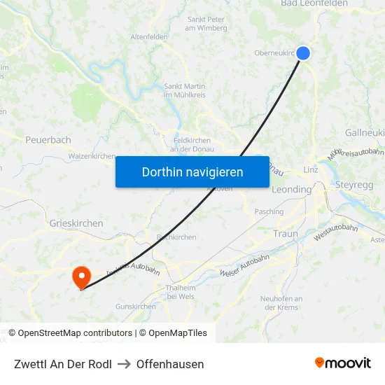 Zwettl An Der Rodl to Offenhausen map