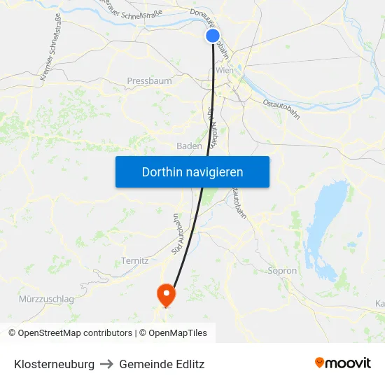 Klosterneuburg to Gemeinde Edlitz map