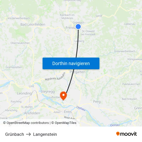Grünbach to Langenstein map