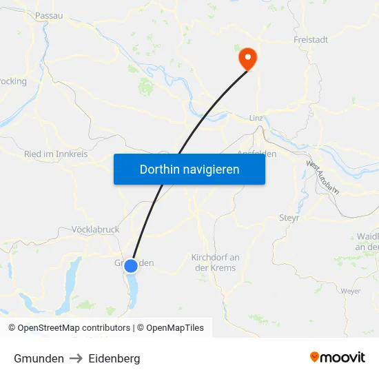Gmunden to Eidenberg map