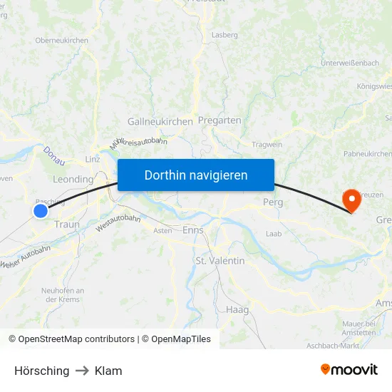 Hörsching to Klam map