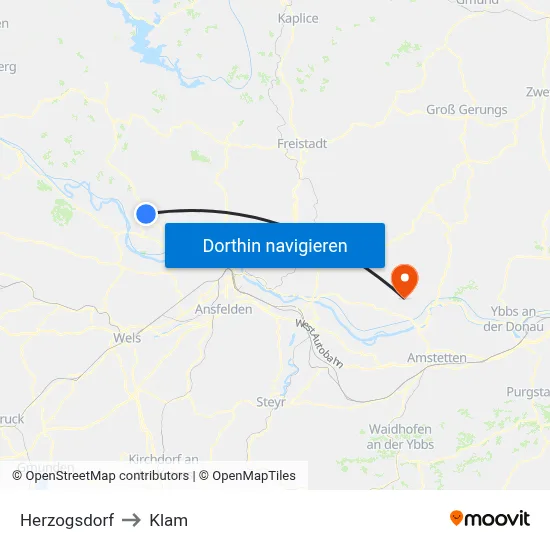 Herzogsdorf to Klam map