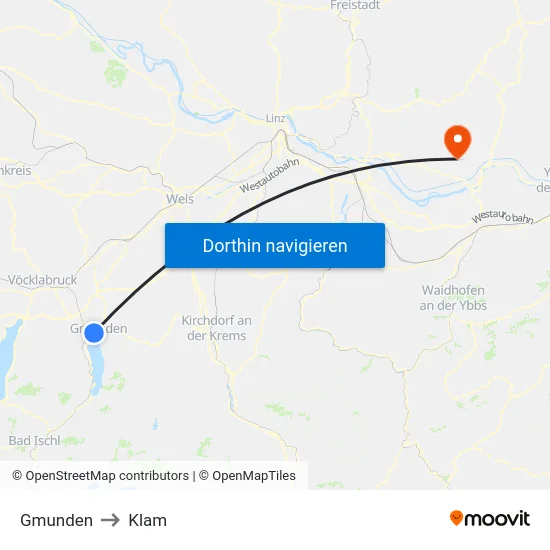 Gmunden to Klam map