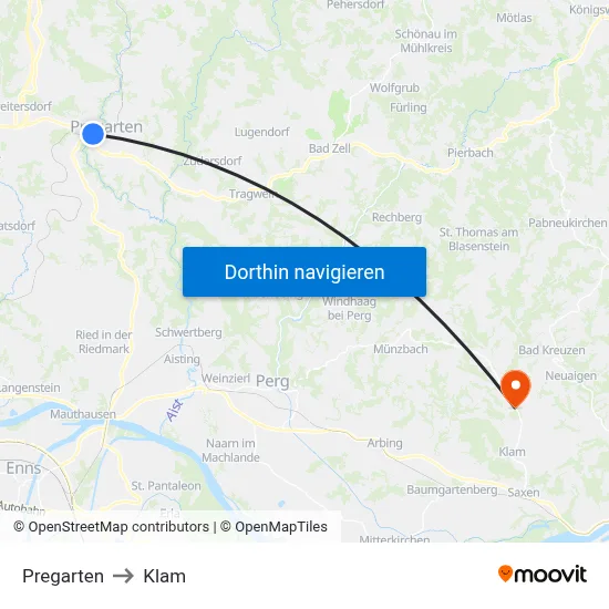 Pregarten to Klam map