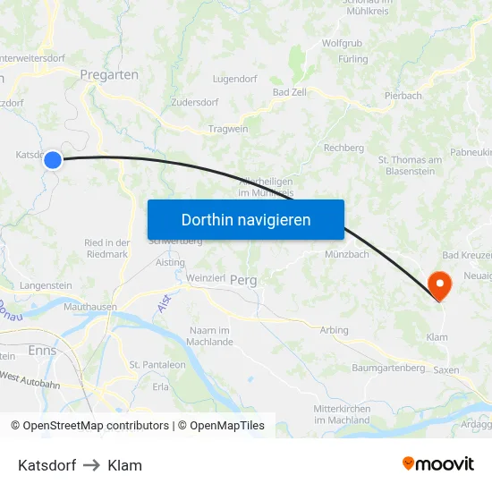Katsdorf to Klam map