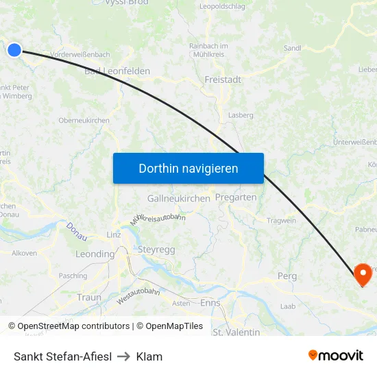 Sankt Stefan-Afiesl to Klam map
