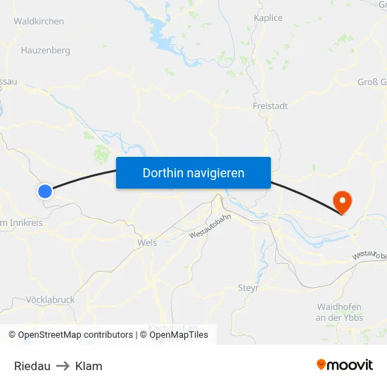 Riedau to Klam map