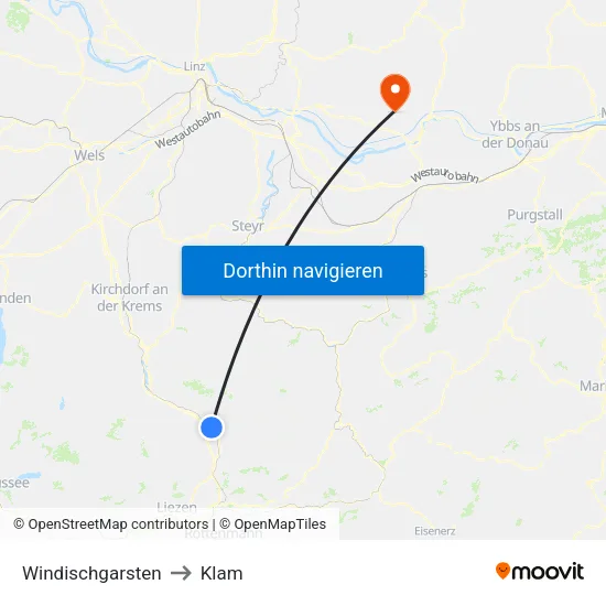 Windischgarsten to Klam map