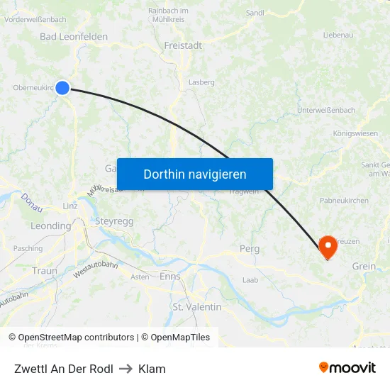 Zwettl An Der Rodl to Klam map