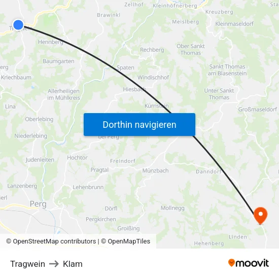Tragwein to Klam map