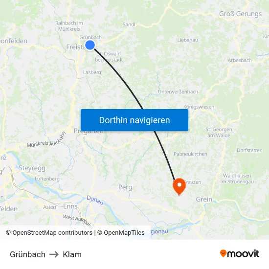 Grünbach to Klam map