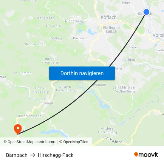 Bärnbach to Hirschegg-Pack map