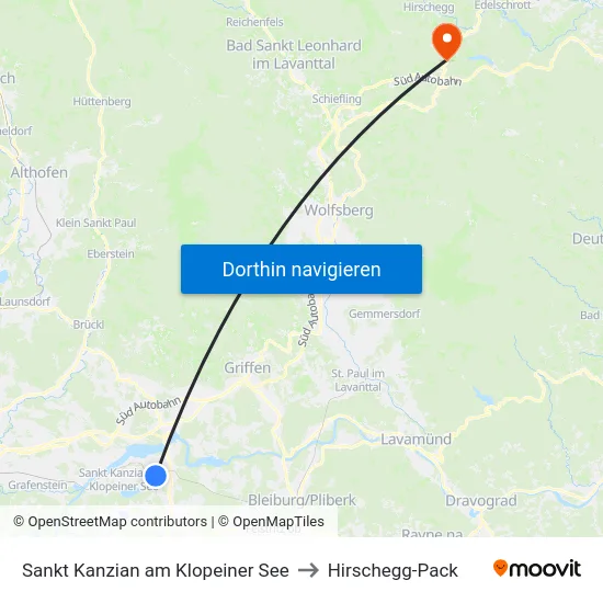 Sankt Kanzian am Klopeiner See to Hirschegg-Pack map