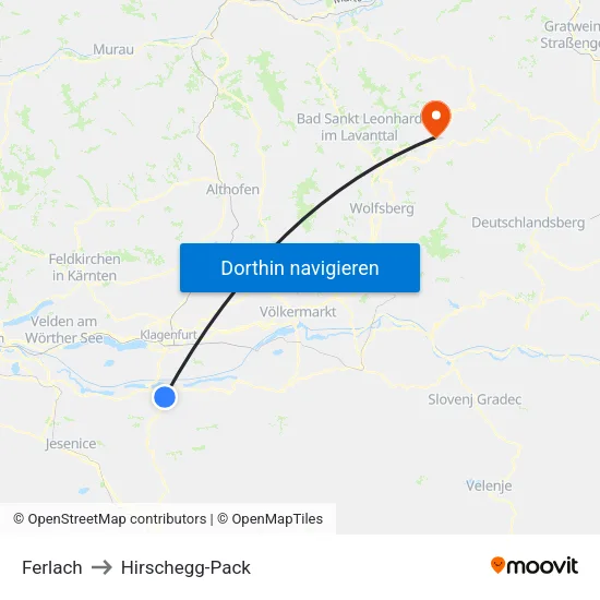 Ferlach to Hirschegg-Pack map