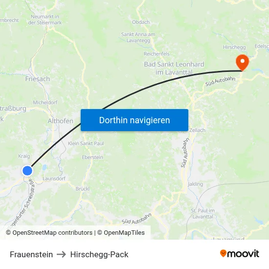 Frauenstein to Hirschegg-Pack map