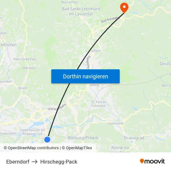 Eberndorf to Hirschegg-Pack map