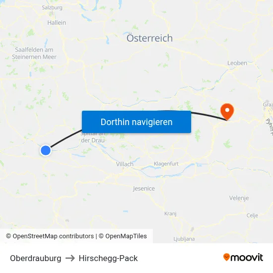 Oberdrauburg to Hirschegg-Pack map