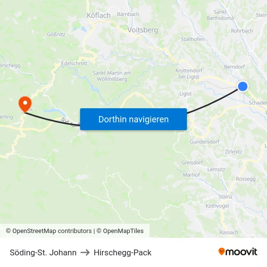 Söding-St. Johann to Hirschegg-Pack map