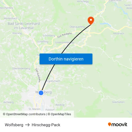 Wolfsberg to Hirschegg-Pack map