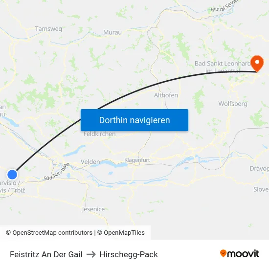 Feistritz An Der Gail to Hirschegg-Pack map